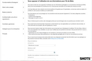 IA Meta Facebook et Instagram. Le formulaire relatif au droit d'opposition